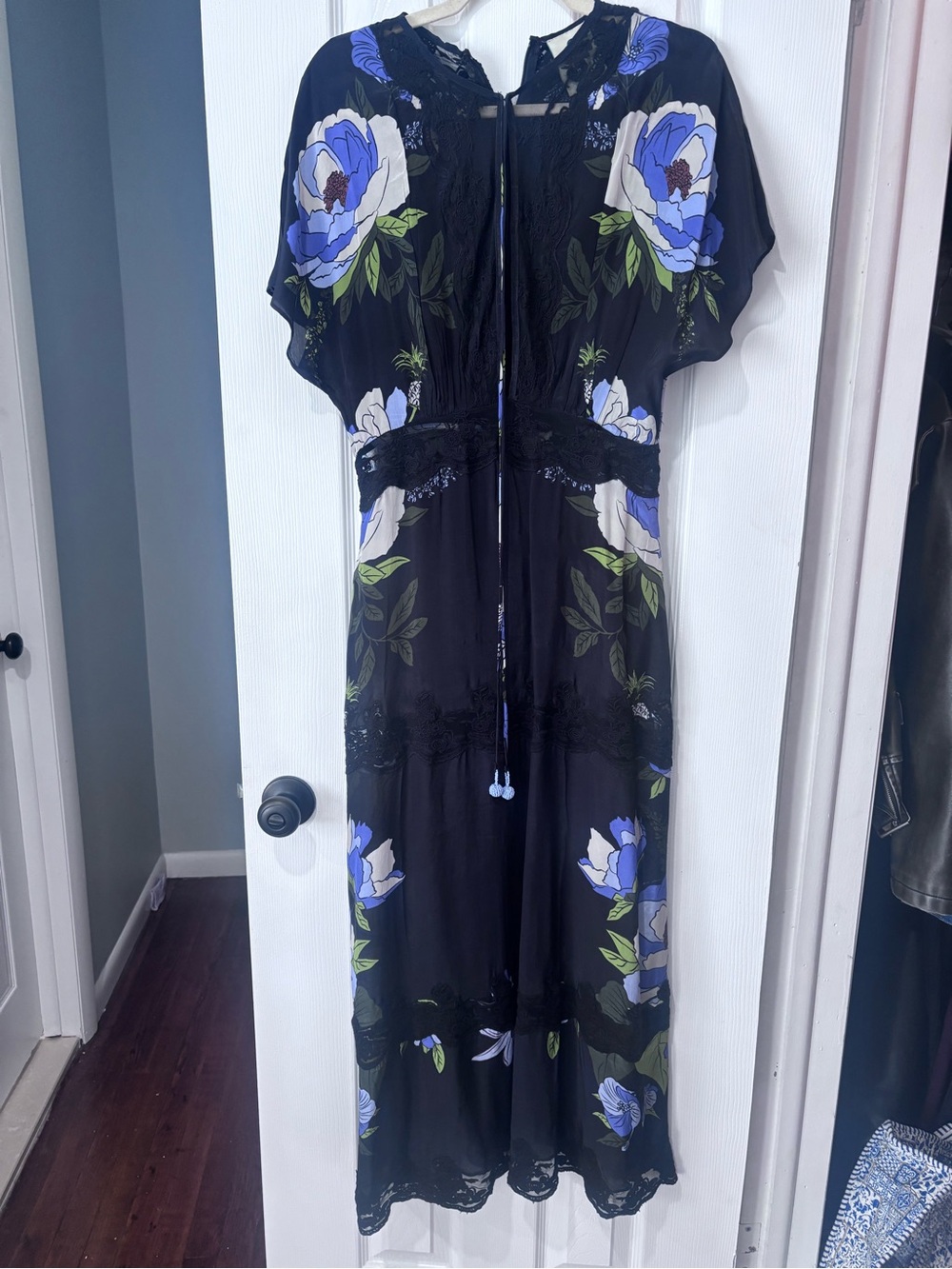 Farm Rio Black Floral Maxi Dress with Blue Bloom Print and Lace